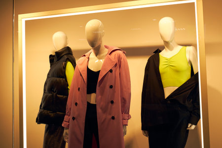 Fashion store exterior. Fashion store showcase and mannequinsの写真素材