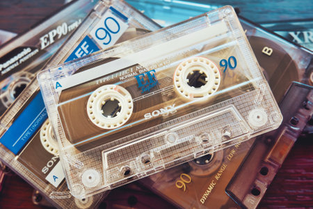 An old Sony audio cassette lies on different cassettesのeditorial素材
