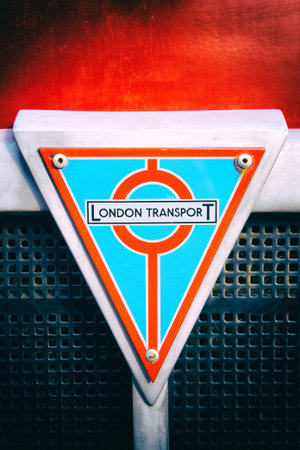 Ryazan, Russia - May 22, 2023: Front grille of a vintage London bus close-up. London Transport Sign...