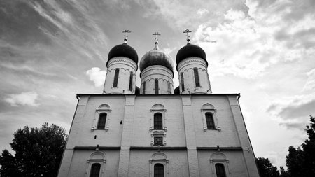Black and white image of a Russian Orthodox Cathedral against the sky