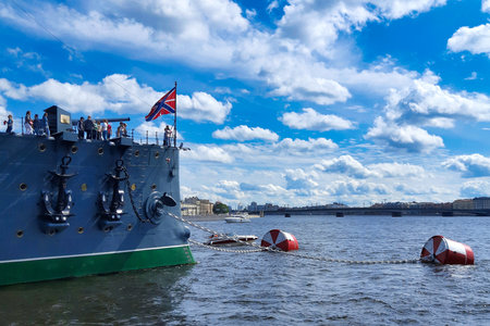 Saint Petersburg, Russia - July 29, 2023: Fragment of the cruiser Aurora on the Neva River in St. Petersburgのeditorial素材