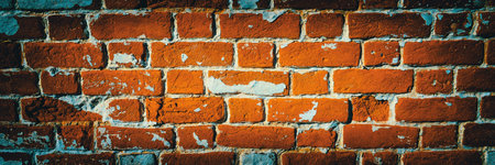 Brick wall with damaged plaster. Wide brick wall texture background with vintage camera effect and vignetteの写真素材