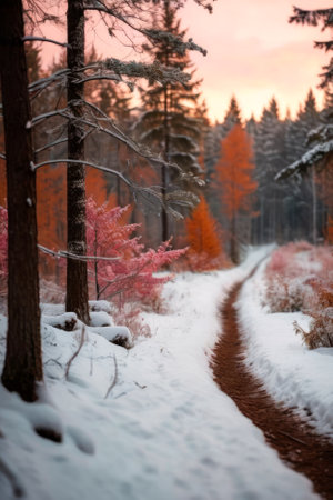 Beautiful winter landscape with a path in the forest at sunsetの素材