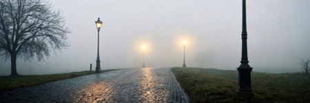 Panoramic view of an empty foggy street in the eveningの素材