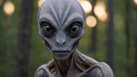 Close-up of an alien looking at the camera in the forestの素材