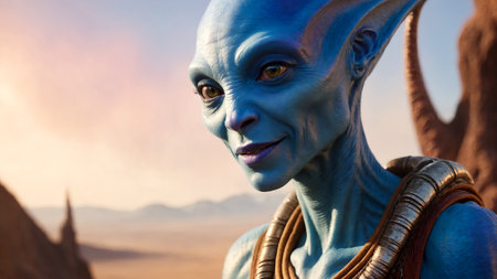 Portrait of an alien woman in the desert against the backdrop of mountainsの素材