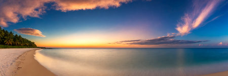 Panoramic view of beautiful tropical beach and sea at sunset timeの素材