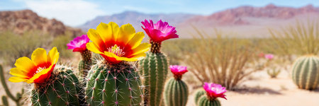 Blooming cactus in the desert. Panoramic bannerの素材
