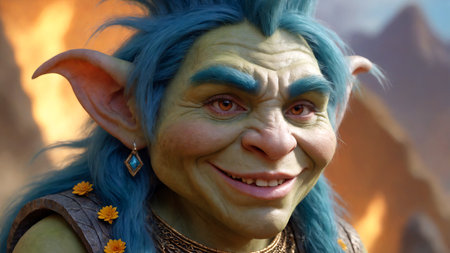 Portrait of a kind fairytale troll with blue hair and big earsの素材