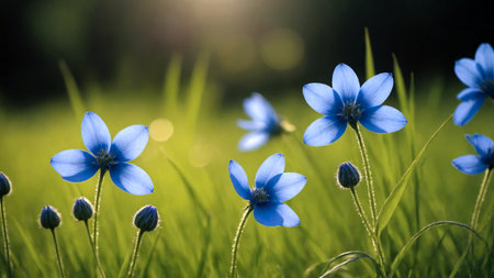 Spring flowers in green grass. Bright blue flowers on a meadowの素材