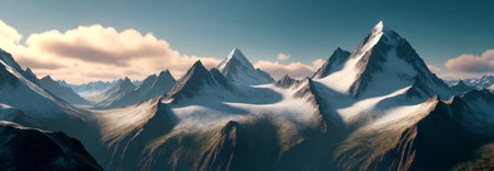 Beautiful panorama of high snow-capped mountains in the cloudsの素材
