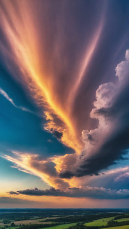Dramatic sunset over countryside landscape in summer. Dramatic sky with cloudsの素材