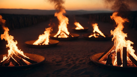 Burning bonfires in the desert at sunset, shallow depth of fieldの素材