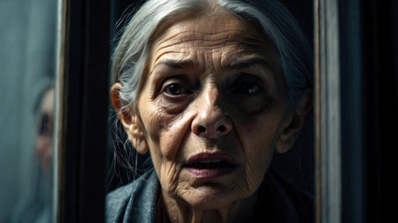 Portrait of an elderly woman looking at the camera through the windowの素材