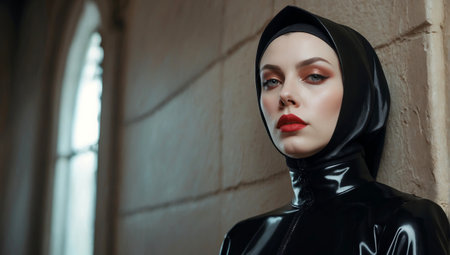 Portrait of a beautiful young woman with makeup in black latex clothesの素材