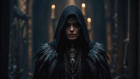Fantasy portrait of a woman in a black cloak with a hoodの素材