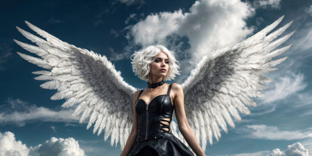 Beautiful young woman with white angel wings against the skyの素材