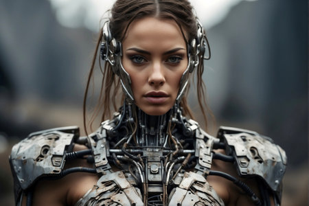 Cyborg woman from the future, portrait on a blurred city backgroundの素材