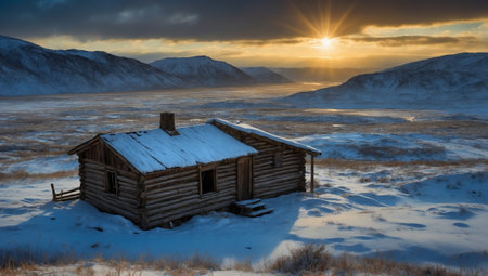 Winter landscape with an old abandoned wooden houseの素材
