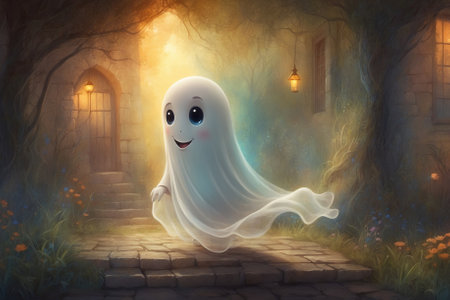 A little cheerful ghost next to the houseの素材