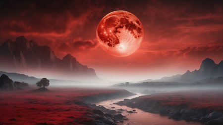 Mystical landscape with blood red moonの素材