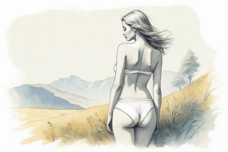 Drawing of a woman in a bikini standing in the grass against the background of mountainsの素材