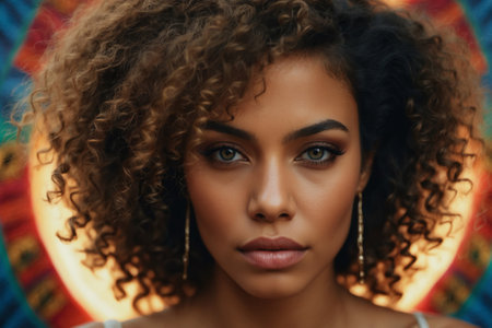 Portrait of a beautiful Latina woman with curly hairの素材