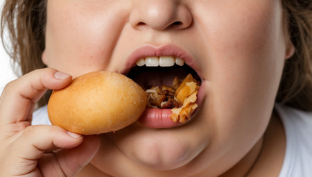 Overweight woman with food leftovers in her mouth, concept of obesity and overeatingの素材