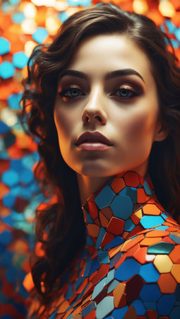 Attractive woman and colorful geometric patternの素材