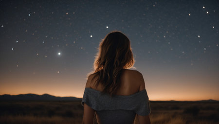 A young woman looks at a beautiful starry sky, view from the backの素材