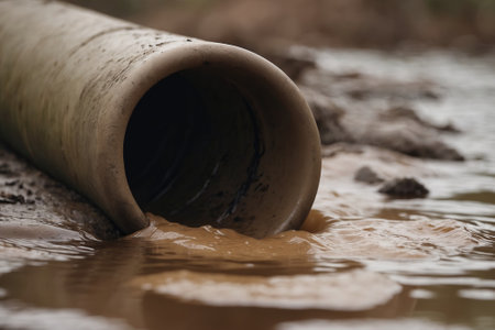 Close-up of a pipe with dirty water flowing outの素材
