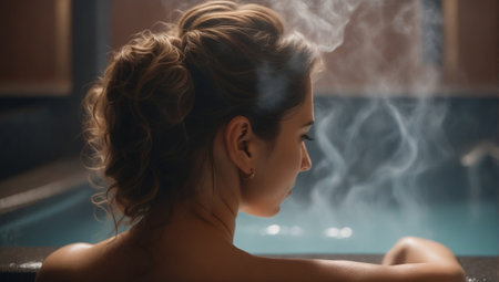 Cute young woman relaxing in a swimming pool with warm water, close-up rear viewの素材