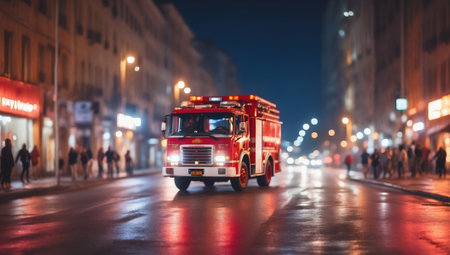 A red fire truck rushes to the rescue in the city at nightの素材