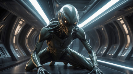 A terrible alien with smooth shiny skin in the corridor of a space stationの素材