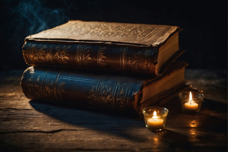 Ancient books and candles on a wooden table close-up in the darkの素材