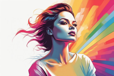 Portrait of a young woman against a background of paint strokes of different colorsの素材