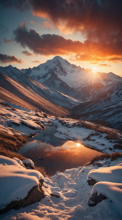 Beautiful sunset in the snowy mountainsの素材