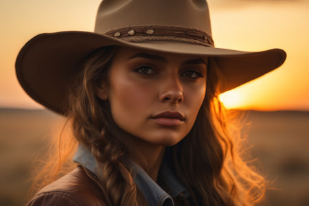 Portrait of an attractive woman in a cowboy hat at sunsetの素材