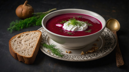 Ukrainian borscht with sour cream and bread in close-upの素材