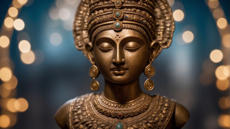 A close-up of the bust of an ancient Indian goddessの素材