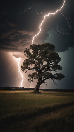 Lightning strikes a tree in a fieldの素材
