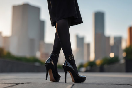 A woman's legs in black high heels standing on a city sidewalk, with the urban landscape blurred in the backgroundの素材