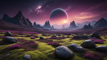 A landscape of a distant mysterious planet with purple skiesの素材
