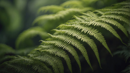 Close-up of a green fern with a blurred backgroundの素材