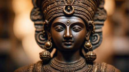 A detailed close-up of a bust of an Indian ancient goddessの素材