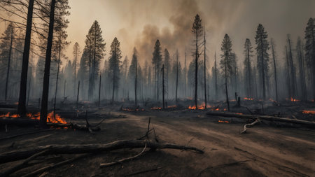 A forest devastated by a wildfire, with charred trees and smoldering groundの素材