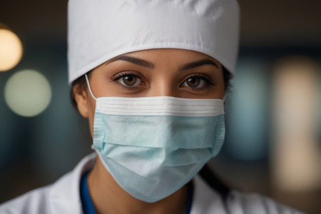 Close-up of a masked nurse with a caring expression on her faceの素材