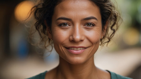 Close-up portrait of an attractive adult woman with a thin smileの素材