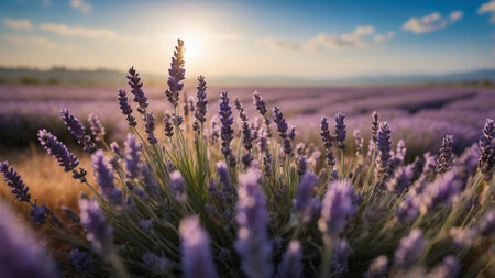 A blooming lavender field on a sunny dayの素材