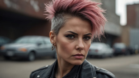 80's style punk woman against a dystopian cityscapeの素材